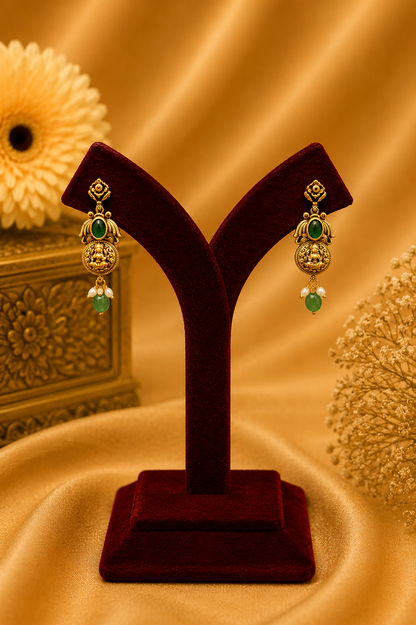 Antique Gold-Plated Coin Necklace Set with Emerald Detailing