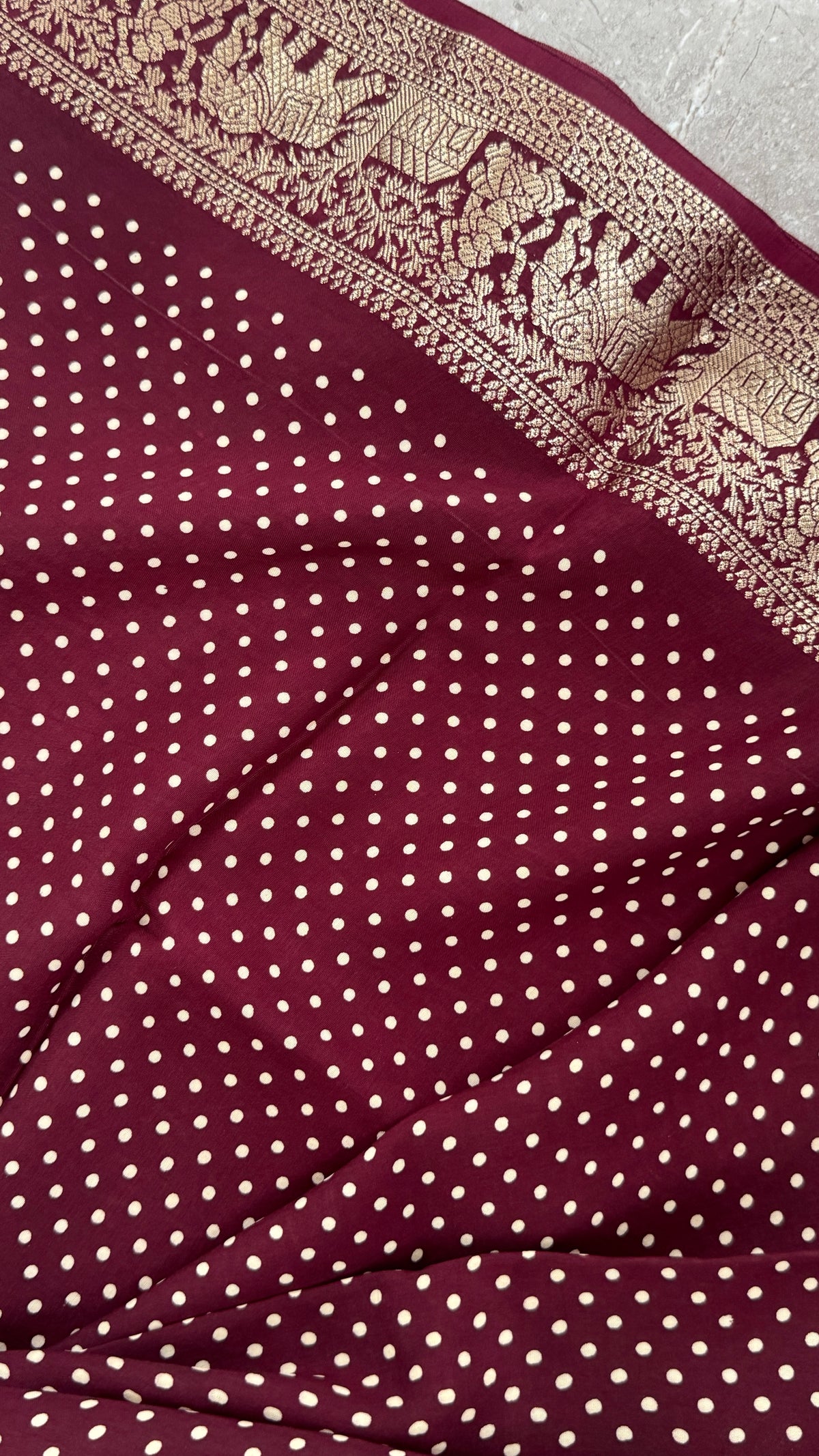 Pure Modal Based Saree with Ajrakh Prints & Banarasi Elephant Zari Border – Deep Maroon