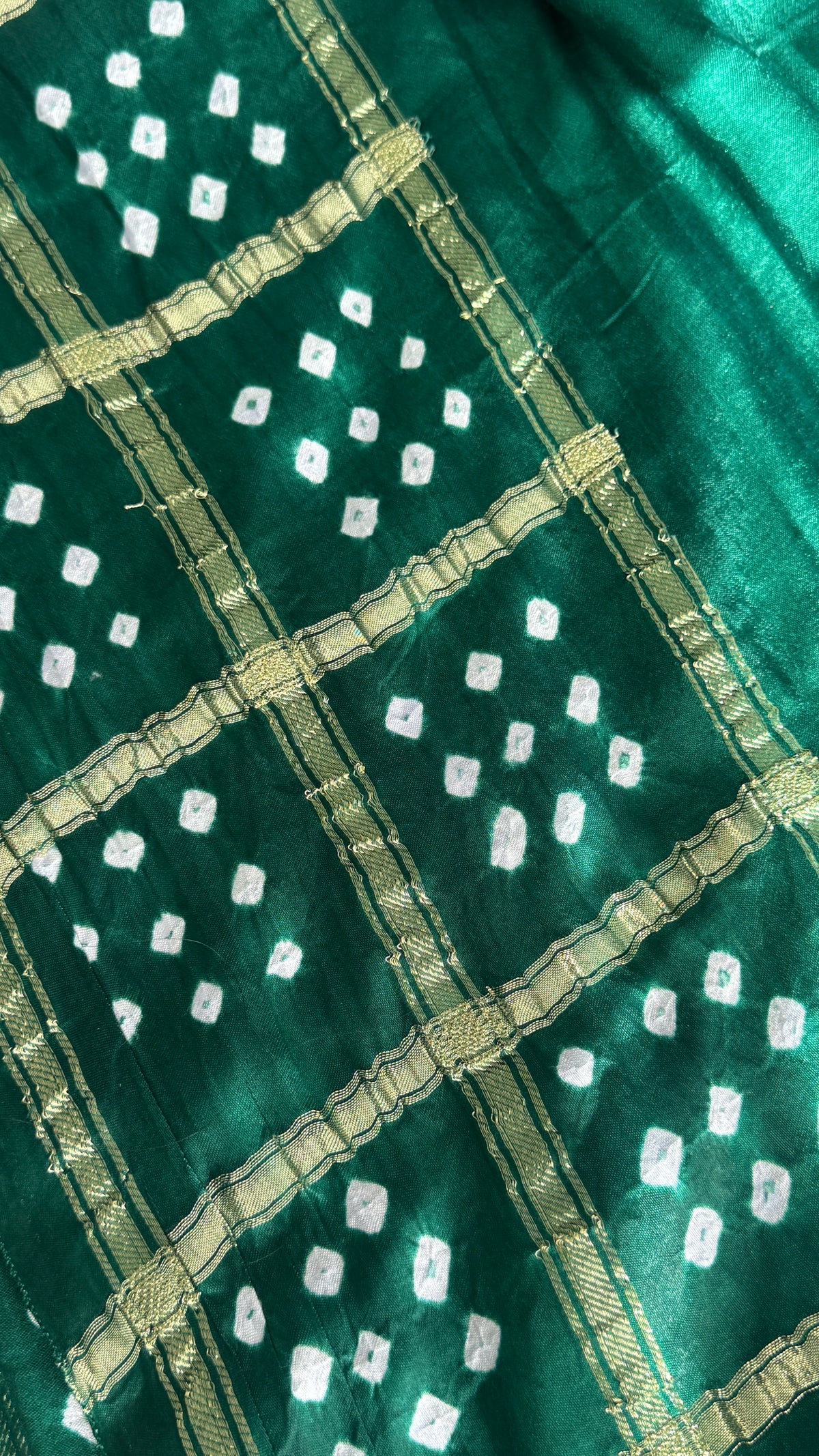 Tie & Dye Handknotted Gharchola Bandhej Pure Gajji Silk Saree - Bottle Green