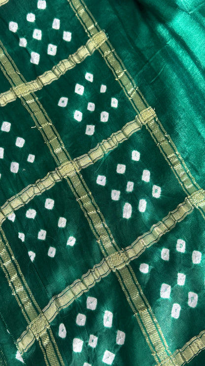 Tie & Dye Handknotted Gharchola Bandhej Pure Gajji Silk Saree - Bottle Green