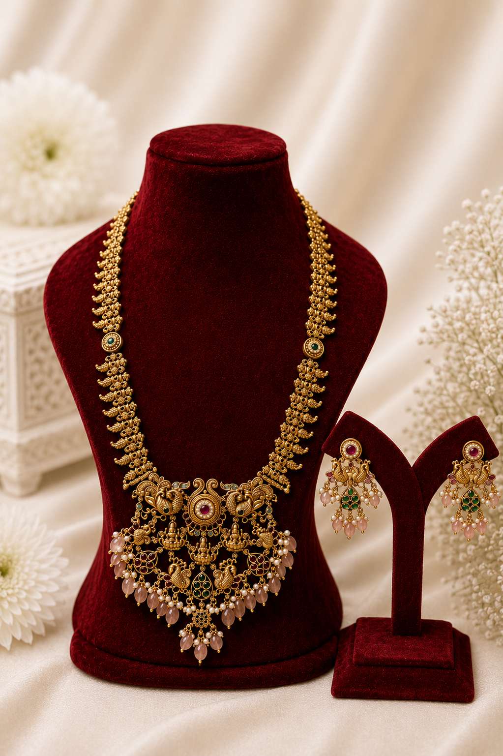 Antique Gold-Plated Temple Long Necklace Set with Blush Pink Stone Drops