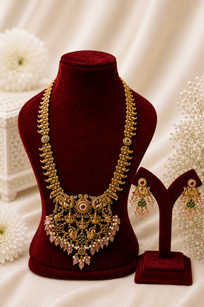 Antique Gold-Plated Temple Long Necklace Set with Blush Pink Stone Drops