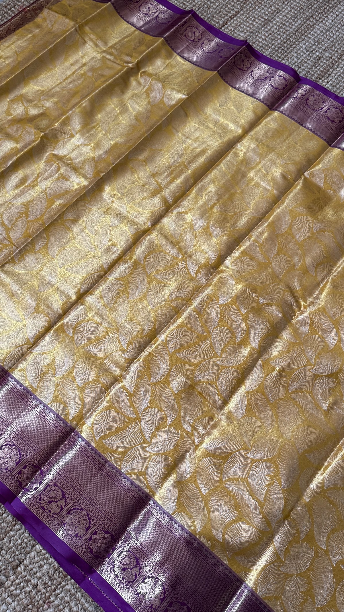 Semi Silk Mini Kanchivaram Tissue Saree – Light Golden Yellow & Magenta