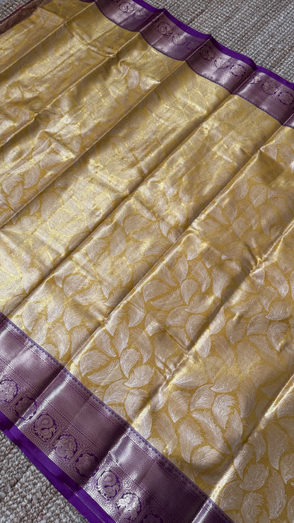 Semi Silk Mini Kanchivaram Tissue Saree – Light Golden Yellow & Magenta
