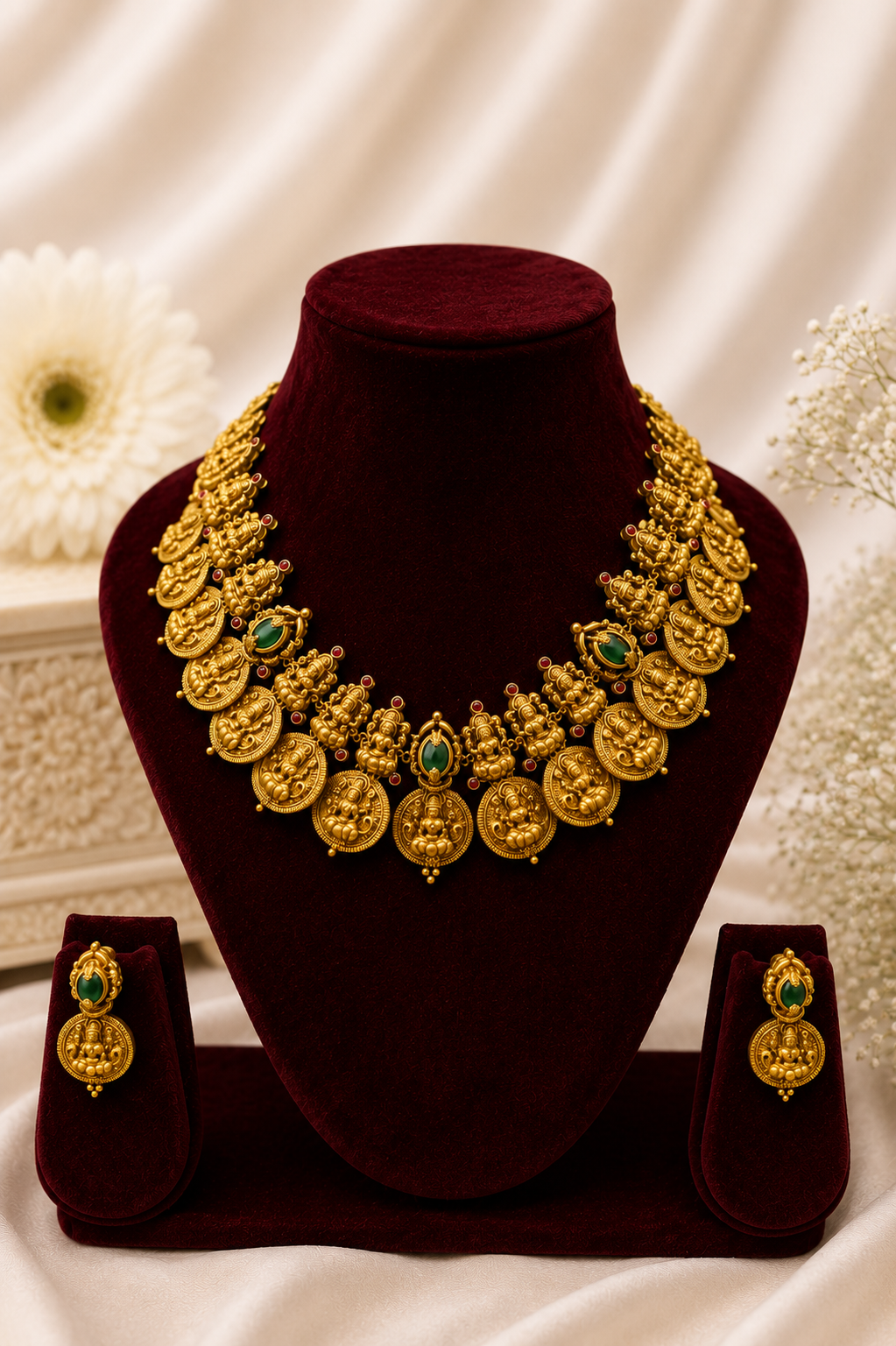 Antique Gold-Plated Lakshmi Coin Mala Choker Necklace Set with Emerald Accents