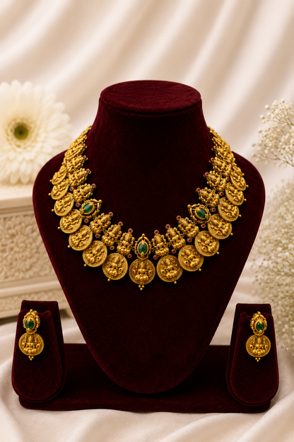 Antique Gold-Plated Lakshmi Coin Mala Choker Necklace Set with Emerald Accents