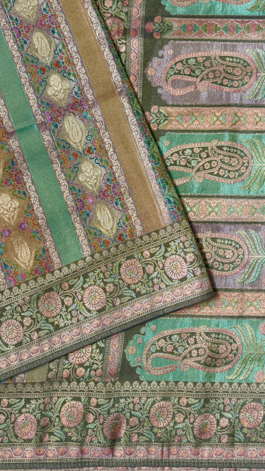 Pure Mellow Tissue Banarasi Silk Saree with Floral Patterns-Gold