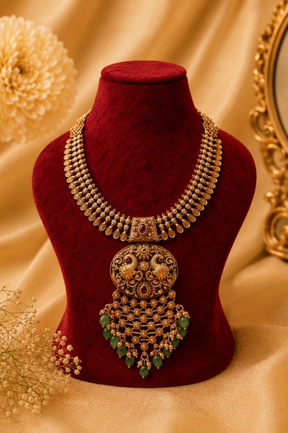 Antique Gold-Plated Temple Pendant Necklace Set with Mint Green Stone Drops