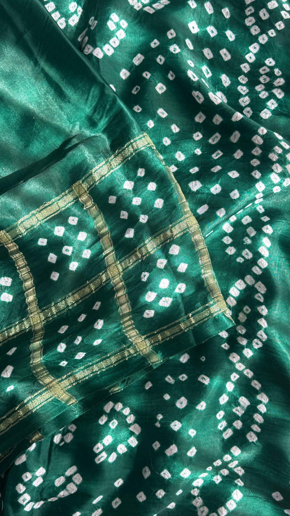 Tie & Dye Handknotted Gharchola Bandhej Pure Gajji Silk Saree - Bottle Green