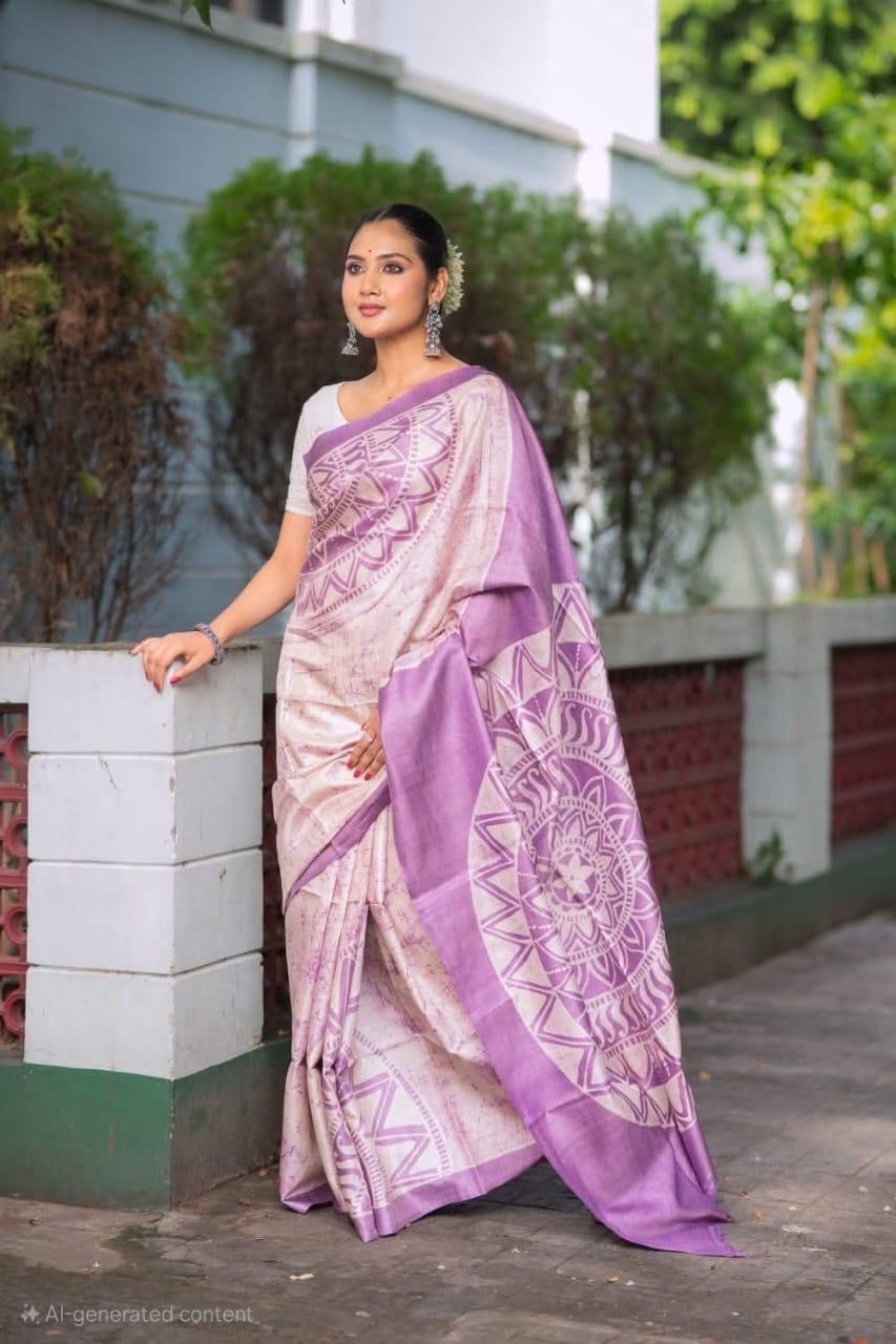 Pure Mulberry Silk Saree in Ivory with Lavender Mandala Batik Print | Silk Mark Certified