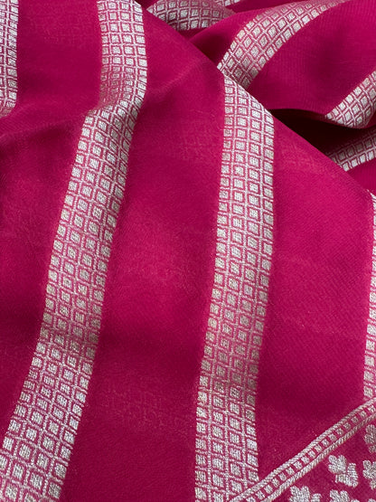 Pure Georgette Leheriya Saree – Dark Crossandra Pink with Gold Zari Weaving