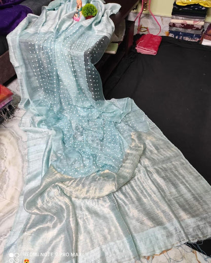 Aqua Blue Pure Muslin Matka Silk Saree|Silk Mark Certified