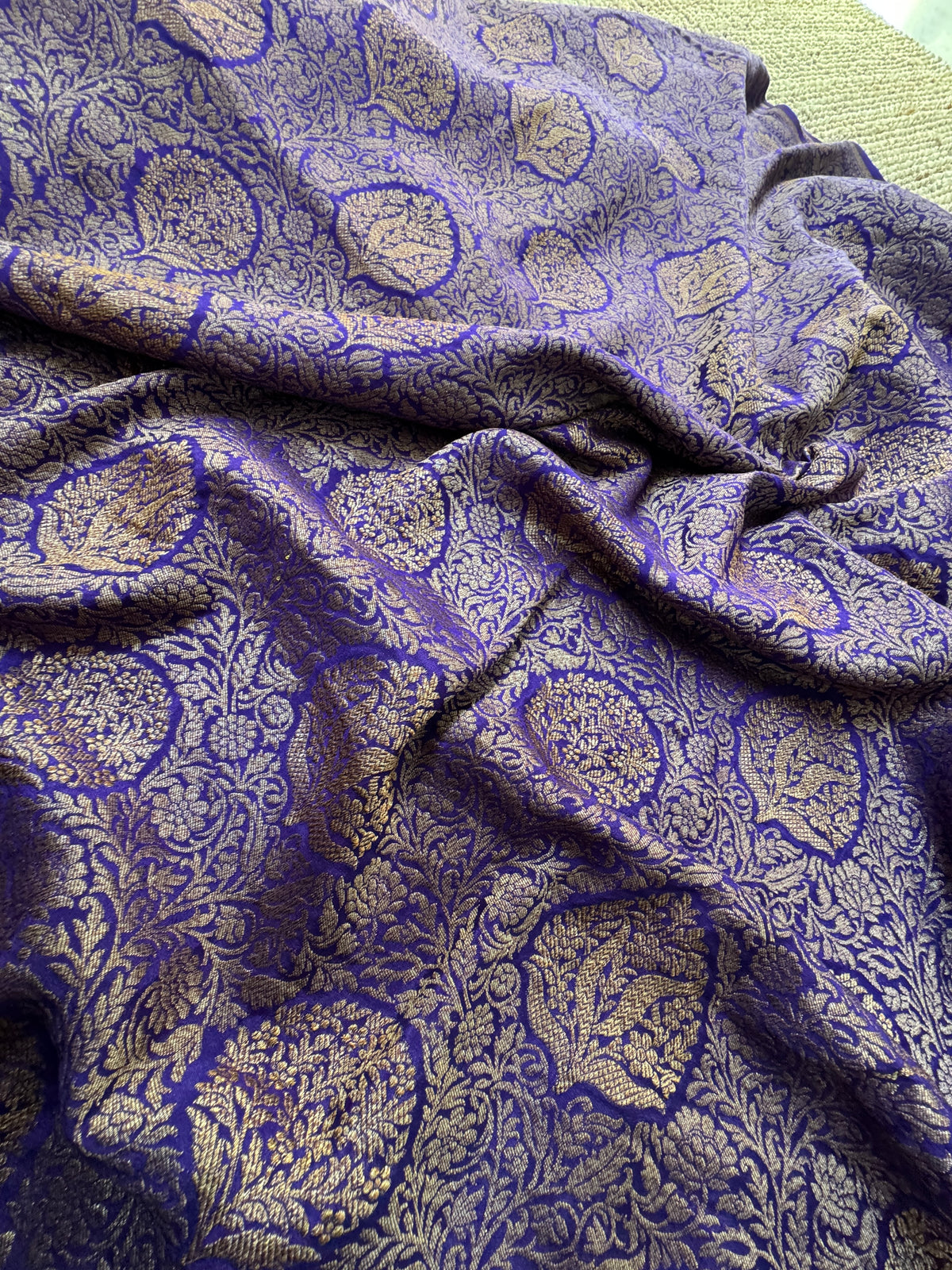 Royal Purple Pure Khaddi Georgette Banarasi Silk Saree with All-Over Gold Zari Jaal |Silk Mark Certified