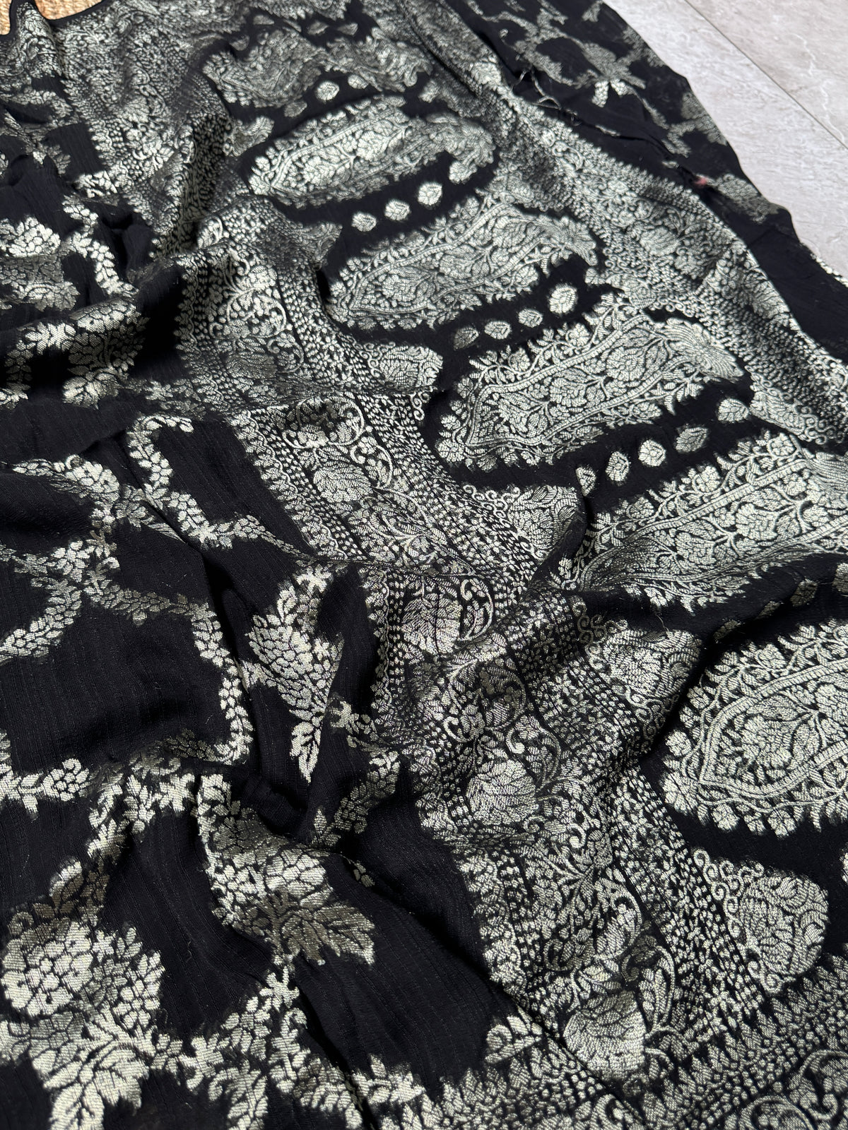 Super Soft Tussar Georgette Saree with Silver Jaal Weaving – Black