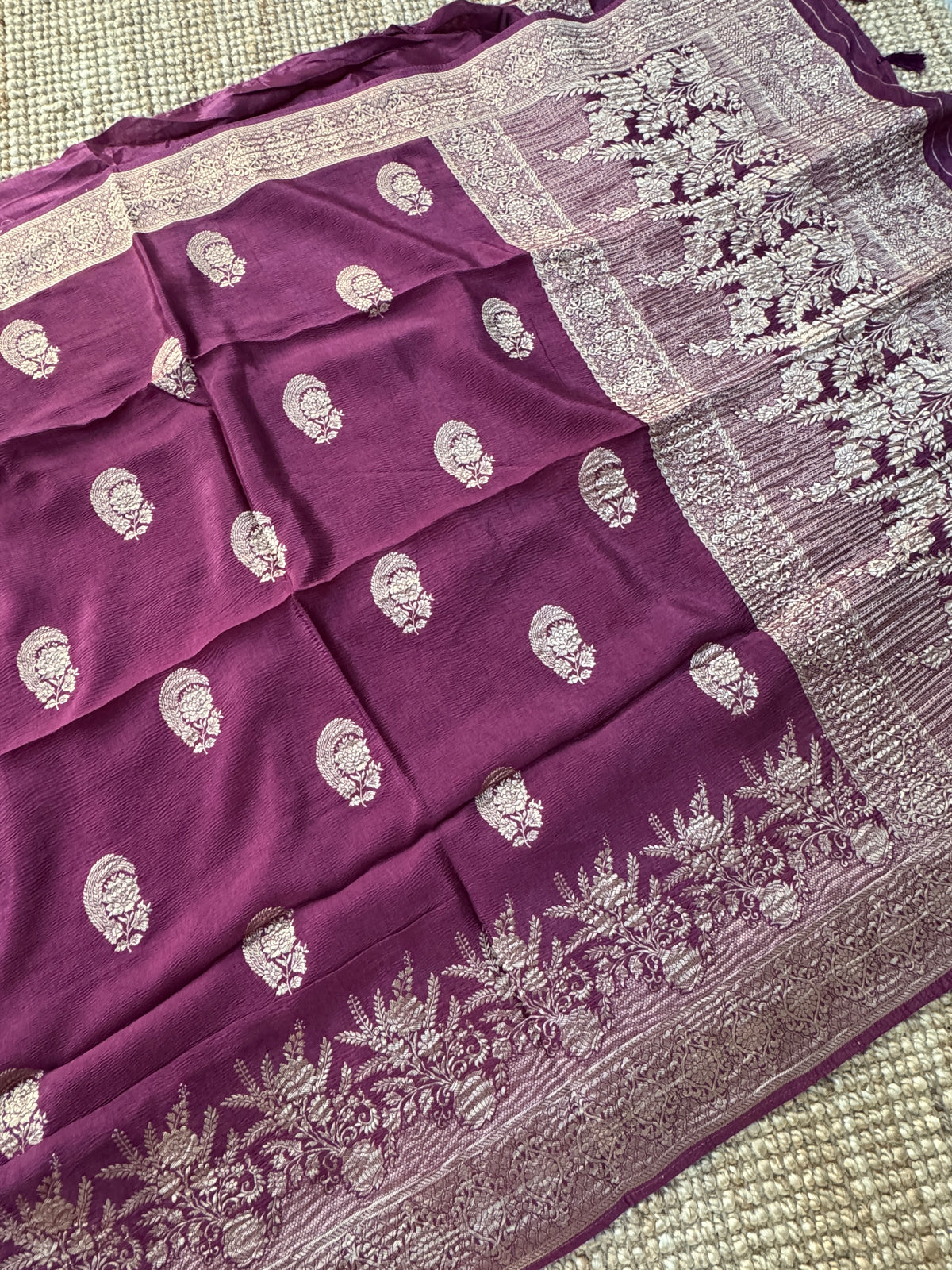 Crushed Munga Silk Banarasi Saree – Wine with Self-Turning Border