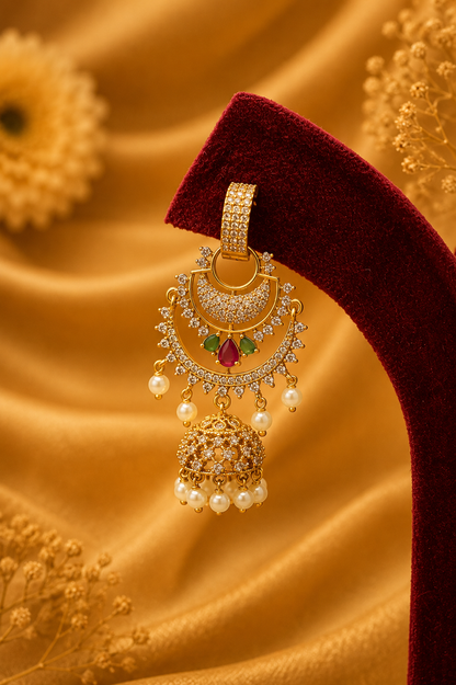Combination Stud & Zircon Jhumka Earrings with Pearl Hangings