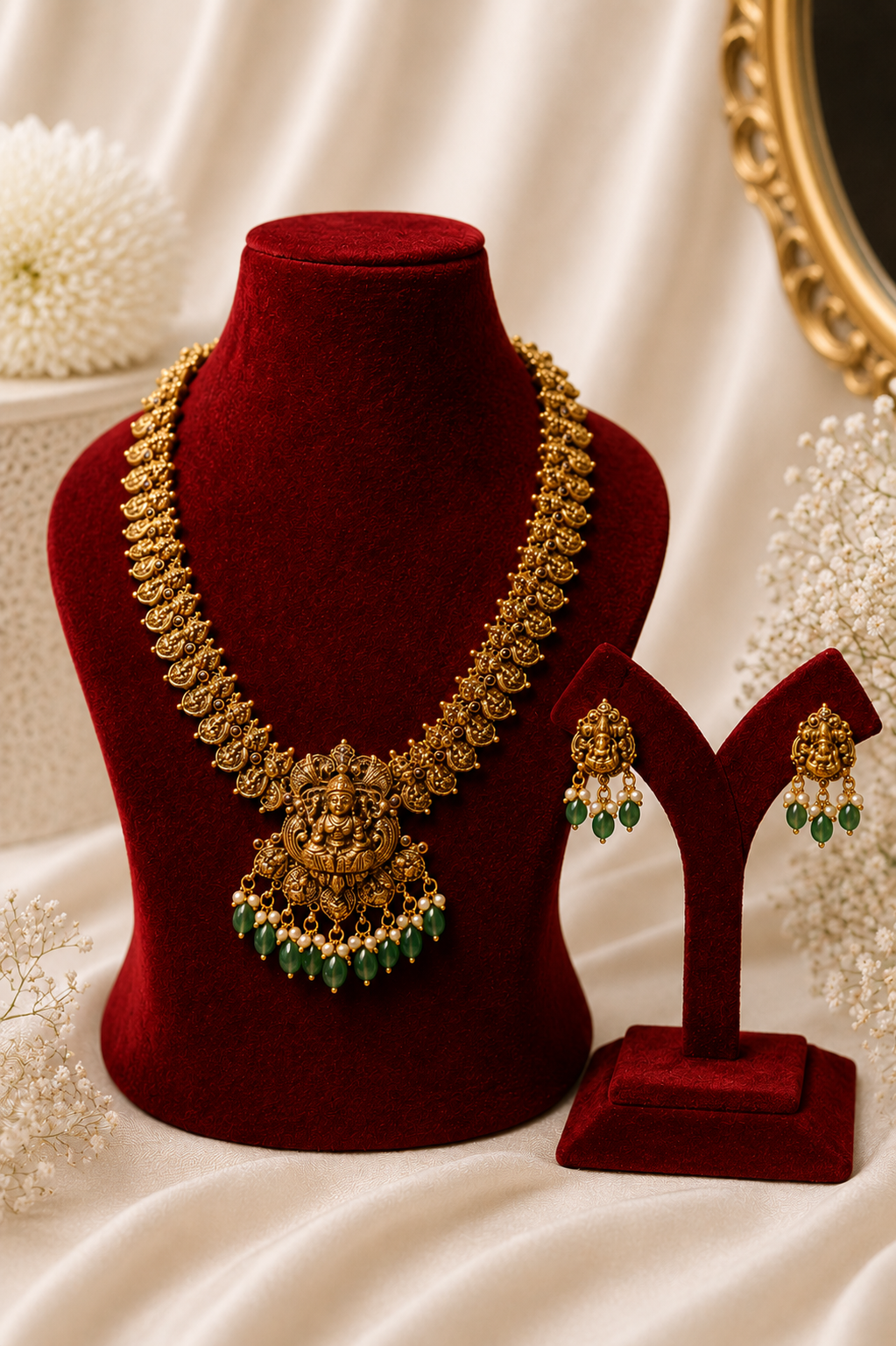 Antique Gold-Plated Long Lakshmi Temple Necklace Set with Emerald Green Stone Drops