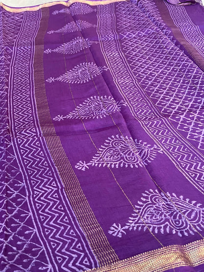Pure Maheshwari Silk Cotton Saree with Ajrakh prints – Purple