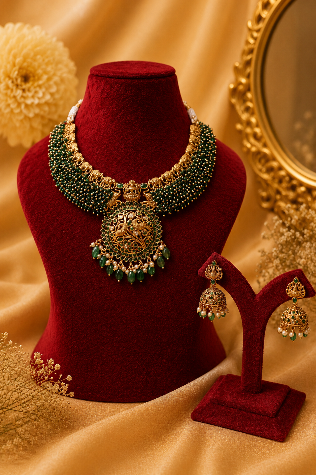 Antique Gold-Plated Temple Choker Set with Emerald Beadwork & Stone Drops