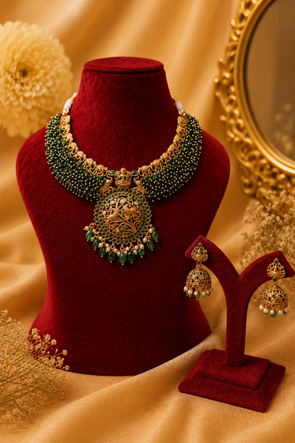 Antique Gold-Plated Temple Choker Set with Emerald Beadwork & Stone Drops