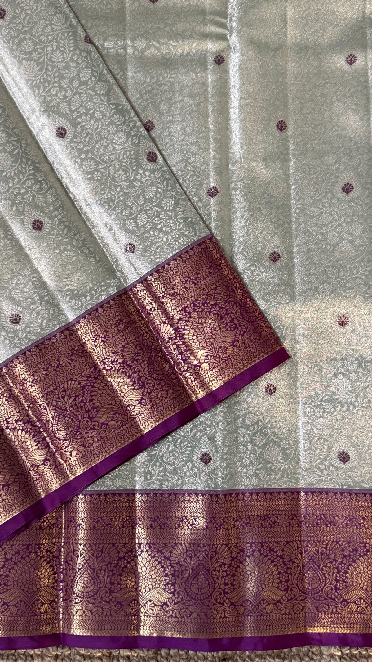 Semi Silk Mini Kanchivaram Tissue Saree – Light Mint Green & Magenta