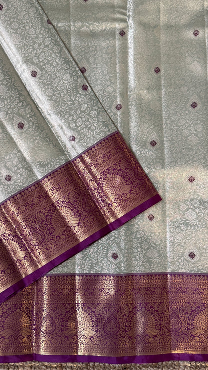 Semi Silk Mini Kanchivaram Tissue Saree – Light Mint Green & Magenta