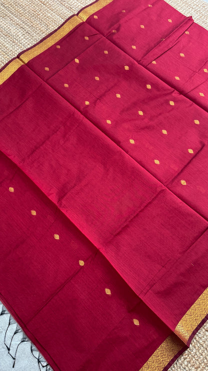 Pure Hand-Woven Cotton Silk Saree - Classic Red