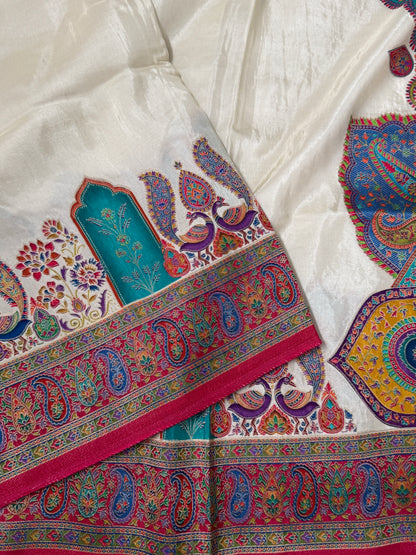 Kashmiri Pashmina Kani Silk Saree – Off White and Pink