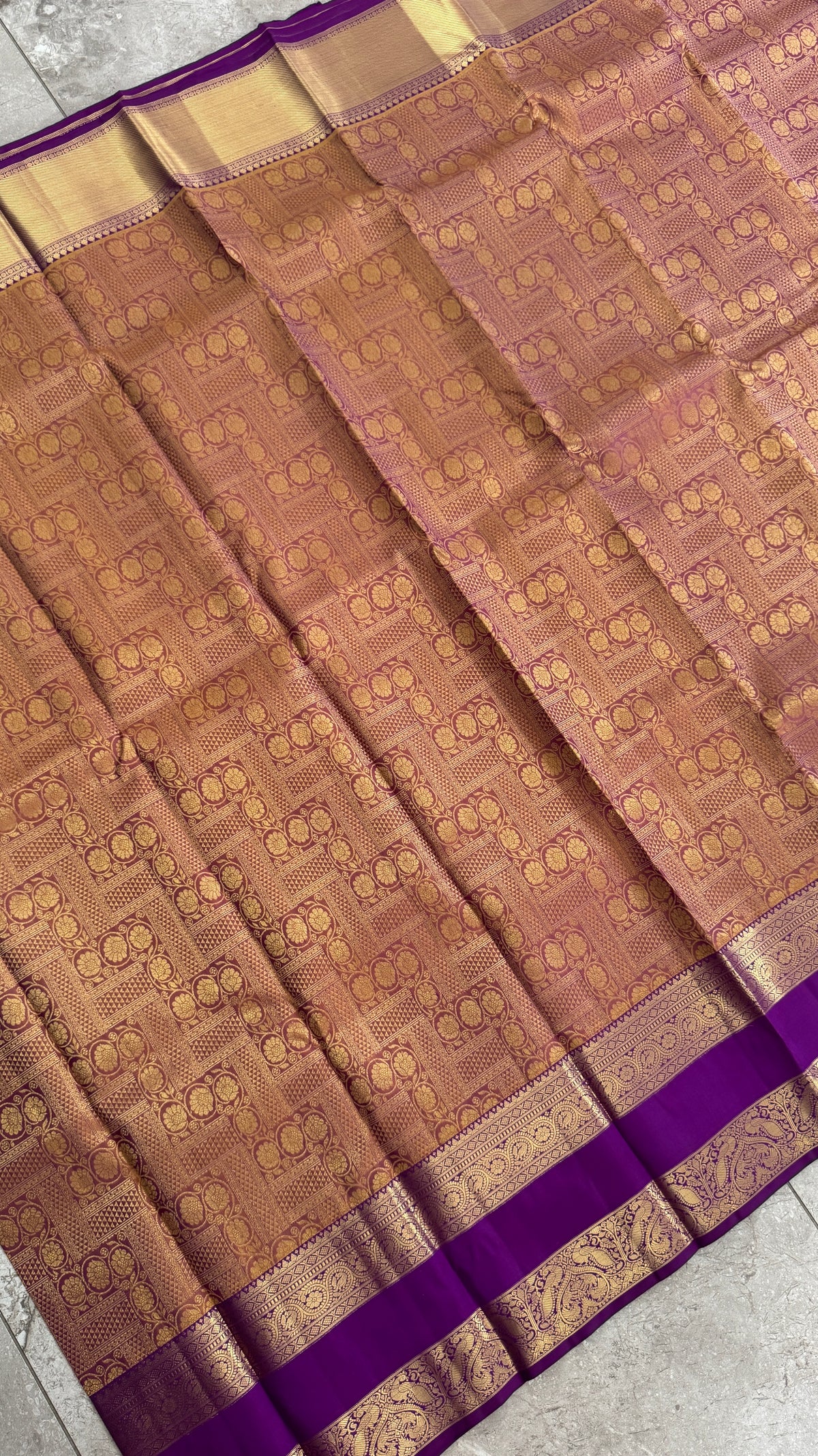 Vintage Wash Pure Kanchipuram Silk Saree – Gold with Royal Purple Contrast | Silk Mark Certified
