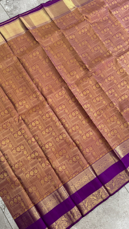 Vintage Wash Pure Kanchipuram Silk Saree – Gold with Royal Purple Contrast | Silk Mark Certified