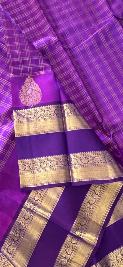 Vintage Wash Pure Kanchipuram Silk Saree – Regal Purple with Royal Purple Contrast | Silk Mark Certified