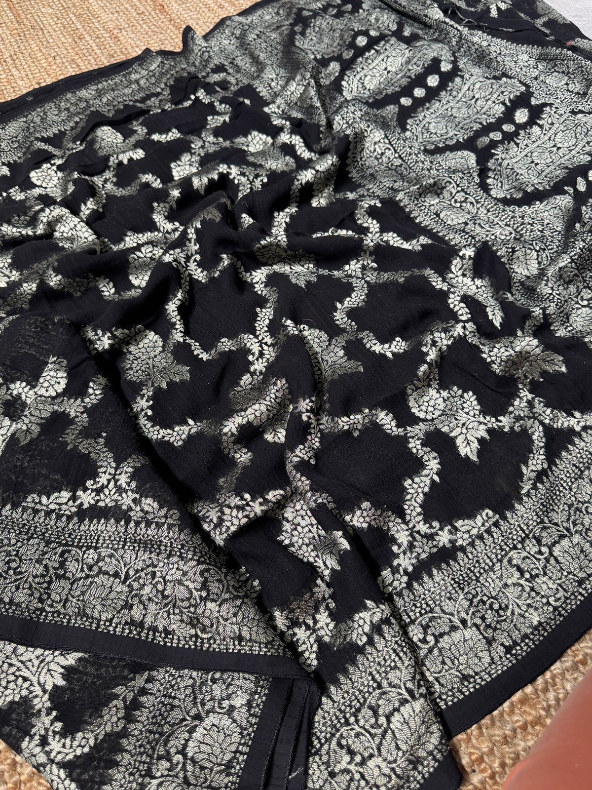 Super Soft Tussar Georgette Saree with Silver Jaal Weaving – Black