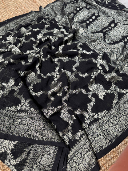 Super Soft Tussar Georgette Saree with Silver Jaal Weaving – Black