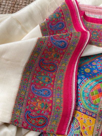 Kashmiri Pashmina Kani Silk Saree – Off White and Pink