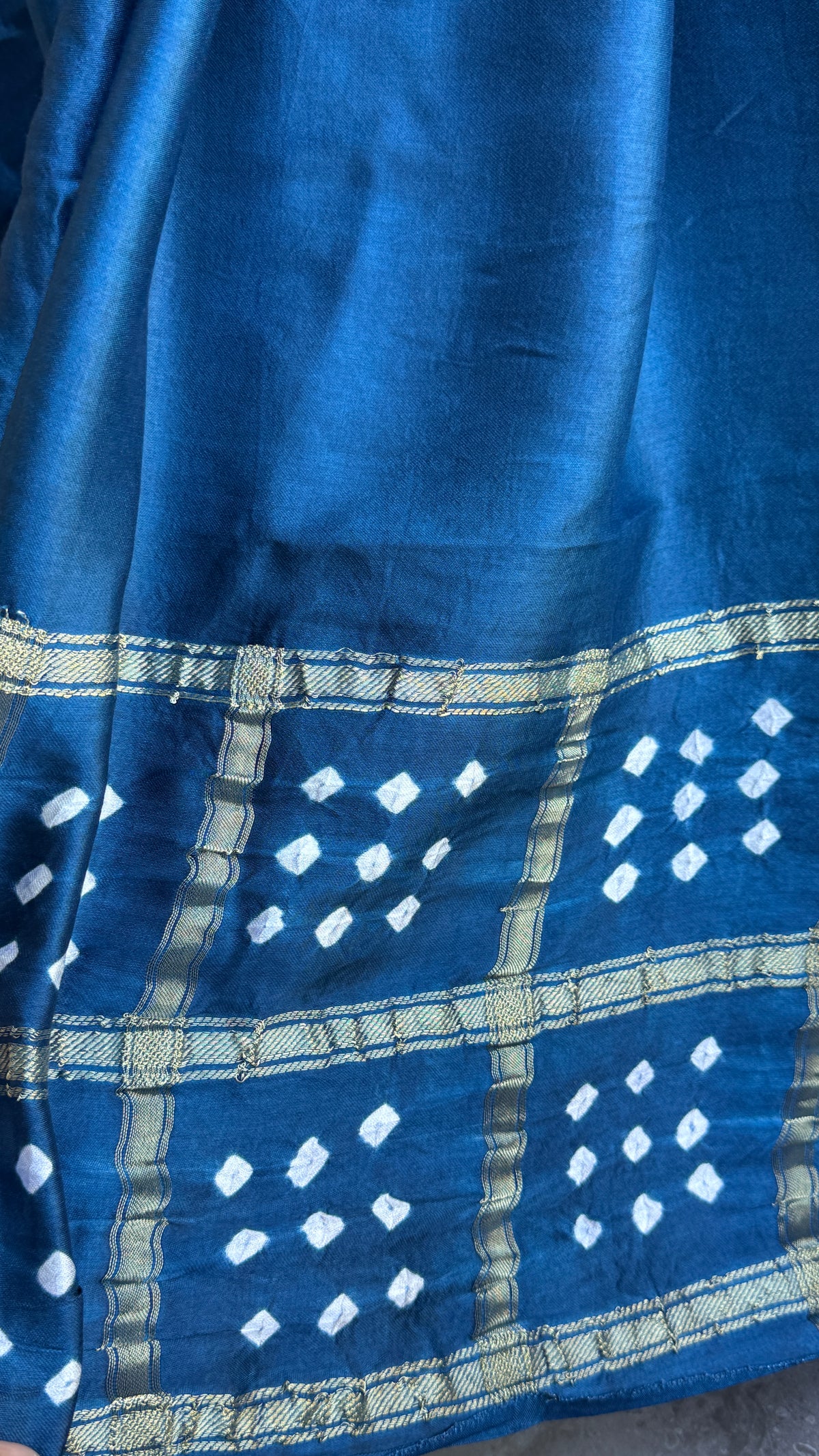 Tie & Dye Handknotted Gharchola Bandhej Pure Gajji Silk Saree - Peacock Blue