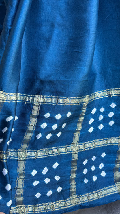 Tie & Dye Handknotted Gharchola Bandhej Pure Gajji Silk Saree - Peacock Blue