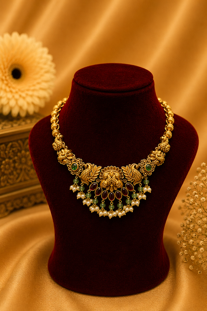 Antique Gold-Plated Lakshmi Choker Set with Mint Green & Pearl Beads