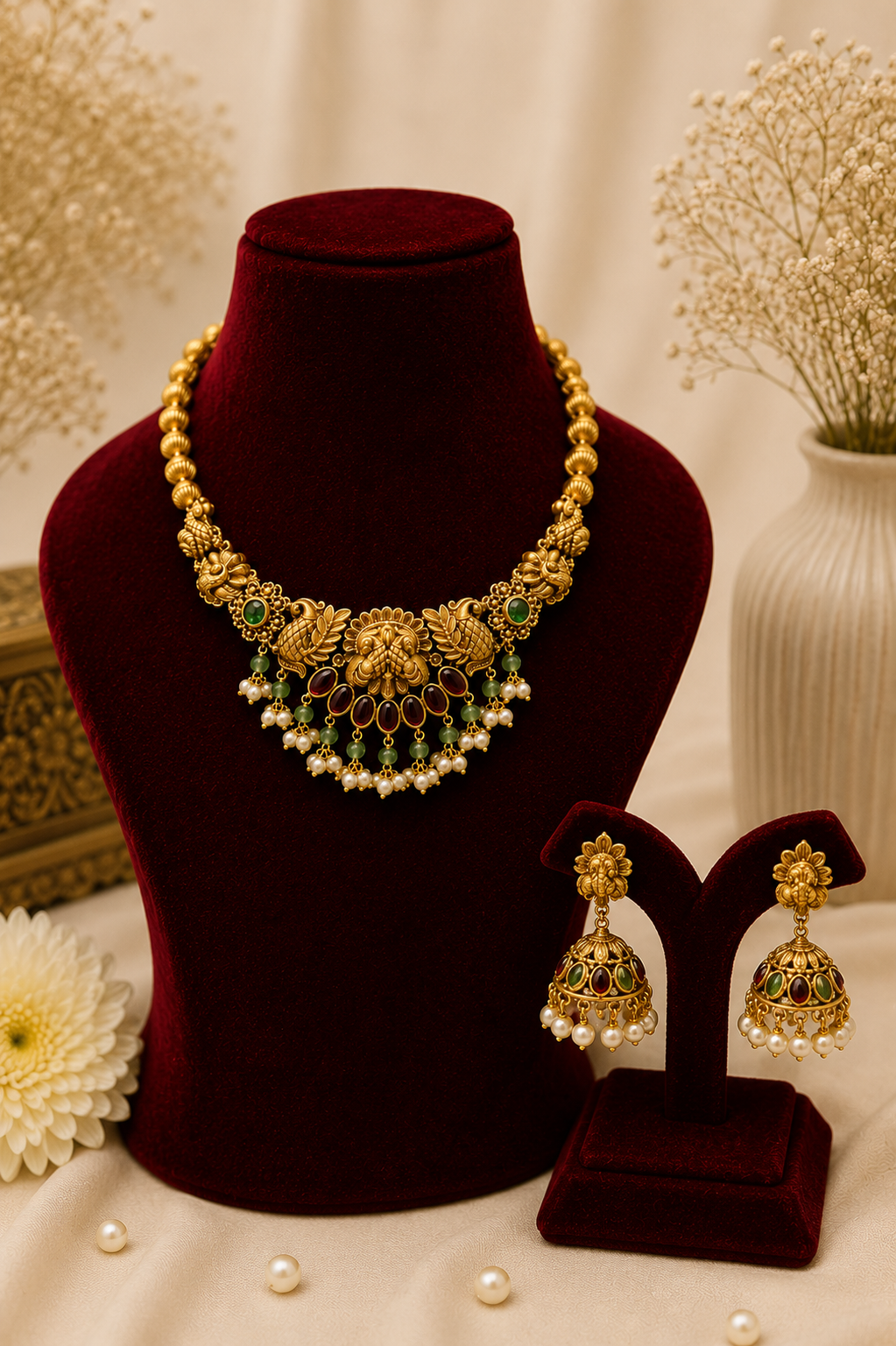 Antique Gold-Plated Lakshmi Choker Set with Mint Green & Pearl Beads