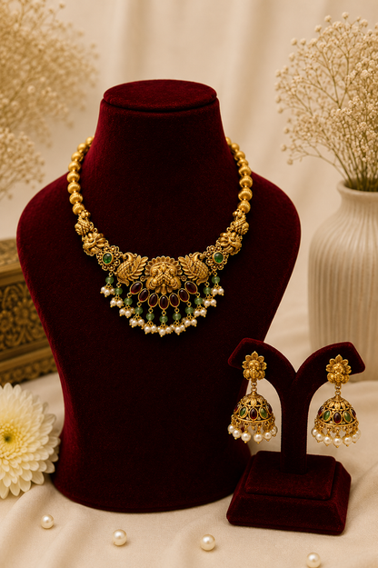Antique Gold-Plated Lakshmi Choker Set with Mint Green & Pearl Beads