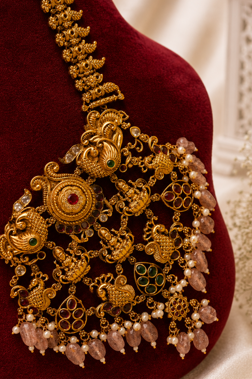 Antique Gold-Plated Temple Long Necklace Set with Blush Pink Stone Drops