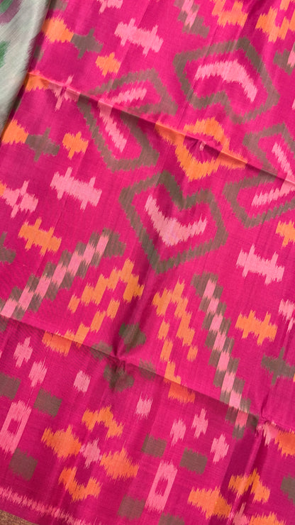 Pure Ikkat Soft Silk saree - Halfwhite & Pink|Silk Mark Certified