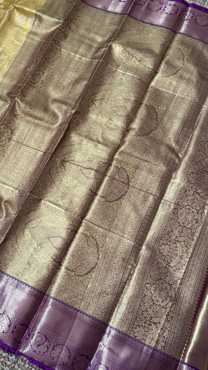 Semi Silk Mini Kanchivaram Tissue Saree – Light Golden Yellow & Magenta
