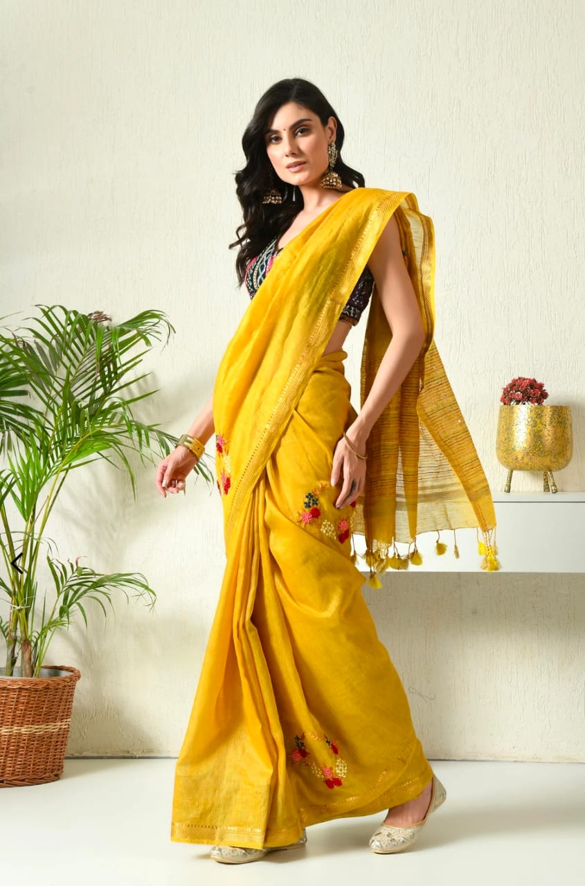 Hand Embroidery Pure Linen Silk Saree With Gold Zari Border - Yellow