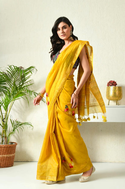 Hand Embroidery Pure Linen Silk Saree With Gold Zari Border - Yellow