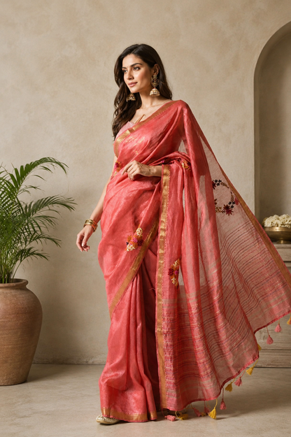 Hand Embroidery Pure Linen Silk Saree With Gold Zari Border - Red