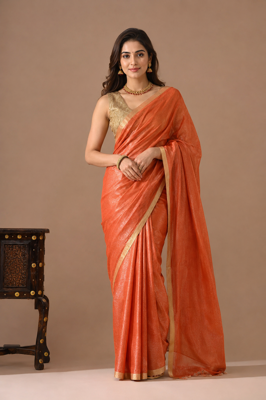 Tissue Linen Silk Saree – Rustic Brick Red with Classic Gold Border