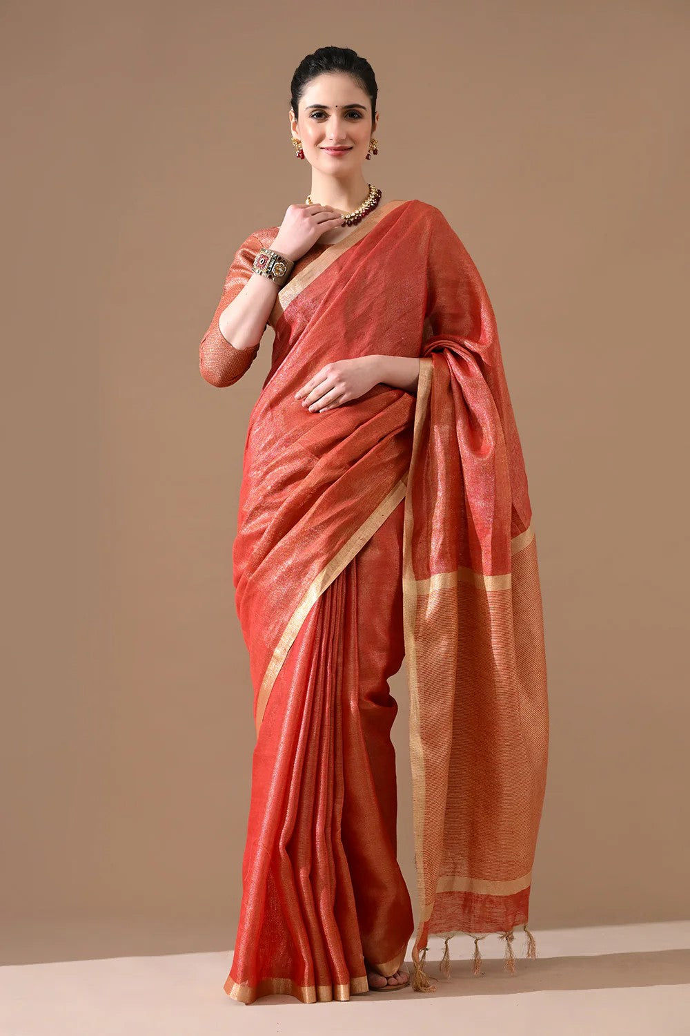 Coral Red & Gold Tissue Linen Saree