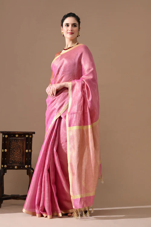 Tissue Linen Silk Saree – Blush Pink with Subtle Gold Zari Border