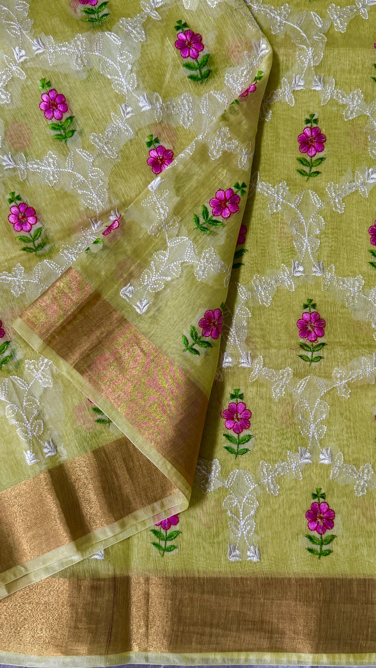 Pure Silk Linen Embroidered Saree – Lemon Yellow with Floral Embroidery