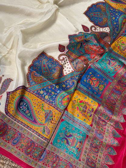 Kashmiri Pashmina Kani Silk Saree – Off White and Pink